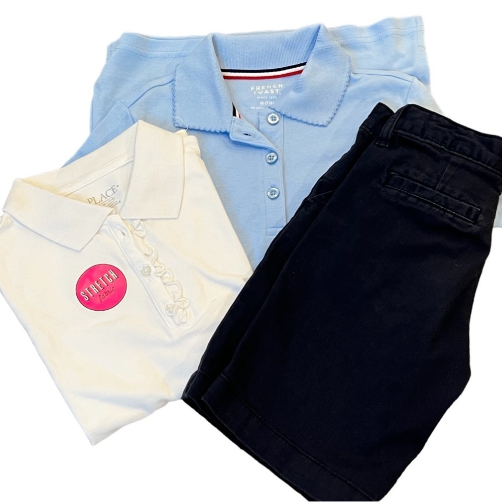 School Uniforms shirts and shorts size 7/8 light and dark blue, white